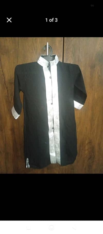 Boys Black Kurta with Silver Ban Collar & Border (Sizes 2-4 Years)