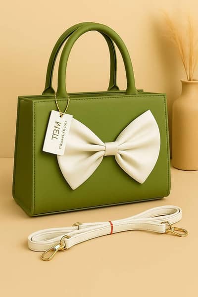 Women's Green Leather Bow Handbag with Adjustable Belt