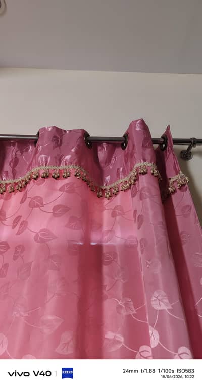 Pair of 2 Pink fancy curtains height 8 feet and width 7.5 feet.