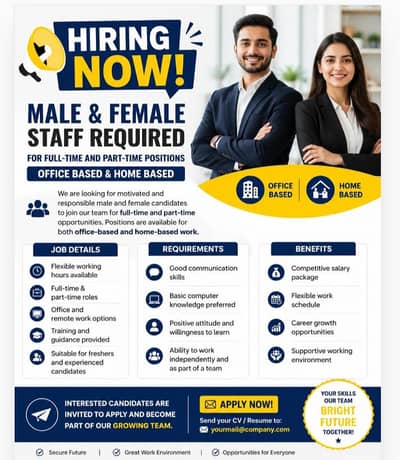 Urgent Hiring Male & Female Staff  required full time and part time