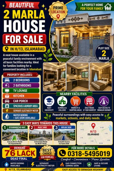 2 Marla Beautiful Double Story House Available For Sale in H/13 Near Too Sirenagar highway