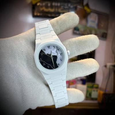 white ceramic arabic dial chronograph watch