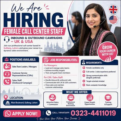 Female Call Center Jobs Lahore | CSR & Sales Staff Required | UK/USA