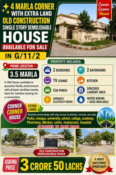 4 marla Single Story demolished house available for sale in g/11 extraland