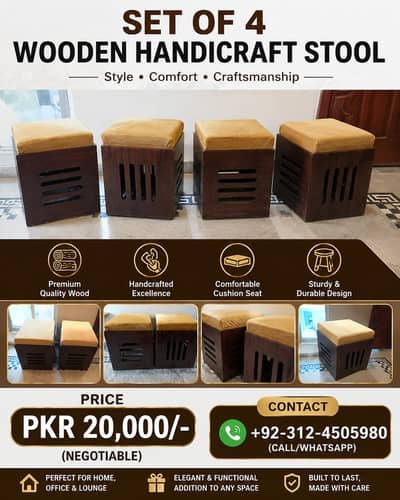  Set of 4 Wooden Handcrafted Stools (Premium Quality)