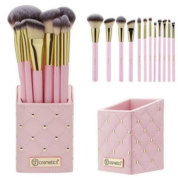 Traoxss Mall BH Cosmetics Studded Elegance 12-Piece Pink Makeup Brush Set with Quilted Designer Holder