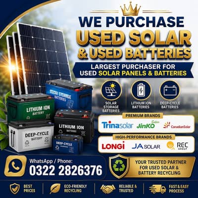 We buy ues solar panels. Batteries Any brand Any Quantity