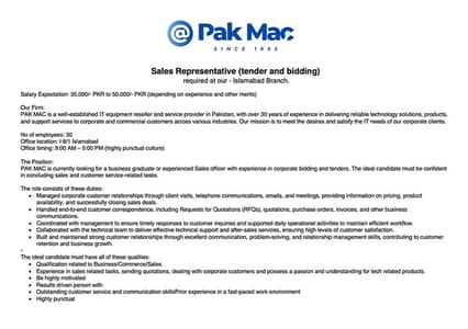 Corporate sales representative (tender and bidding)