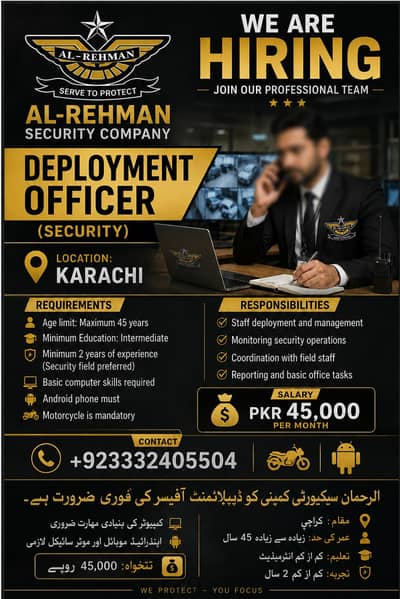 Security Jobs Karachi | Deployment Officer Required | 45,000 Salary |