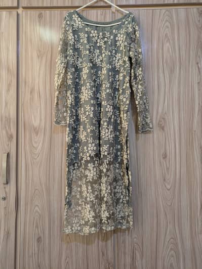 Three piece suit ,with net kameez,raw silk shalwar, chiffon dupatta