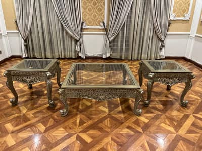 Luxury Royal Hand-Carved Wooden Glass Top Center Table Set(3 Pcs) DHA
