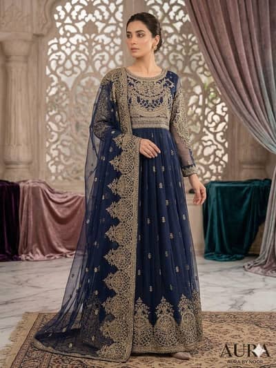 Full long Embroidered Frock In Navy blue Colour