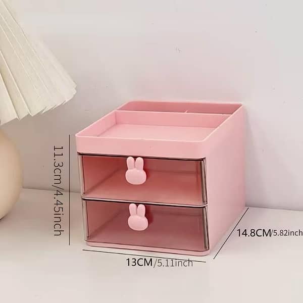 Lipstick Jewellery & Makeup Organizer with Cute Bunny Handle — 2-Layer Plastic Storage Drawer Box for Lipstick, Cosmetics & Accessories