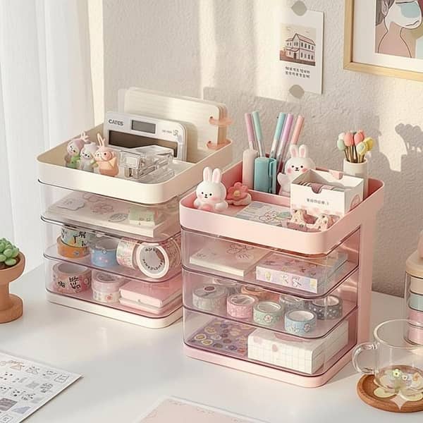 Makeup, Jewellery & Cosmetic Drawer Organizer: 3-Tier Storage Box with Bunny-Handled, Rotating Top Tray