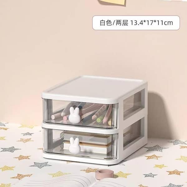 Cute Bunny Handle Makeup Aesthetic Organizer – 2-Tier Plastic Storage Drawer Box for Lipstick, Cosmetics & Accessories