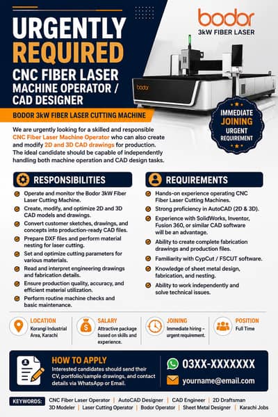 Urgently Required – CNC Fiber Laser Machine Operator / CAD Designer (