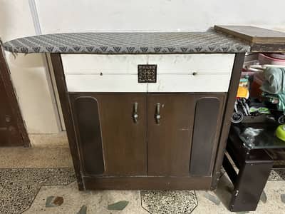 Wooden iron stand with drawer and cupboard
