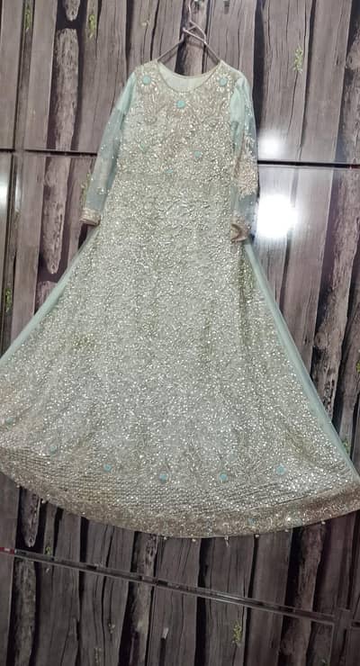 havey embroidery maxi dress Mint silver Zari work wedding party Ware d