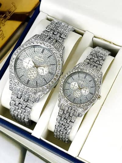 Unisex Rose Gold couple watches 2 pcs Crystal chain straps