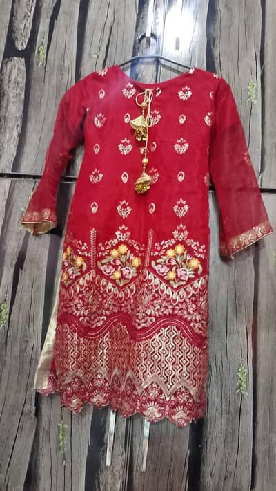 red embroidery organza qurti  fistive party Wear Gold tassel dori stit