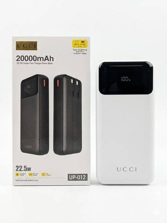 UCCI UP-012 20000mAh Power Bank 22.5W Super Fast Charging with Built-in Type-C & Lightning Cables & LED Digital Display
