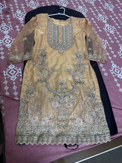Stone Work Net Suit | Inner Raw Silk | Peach Colour Silver Gold Stone