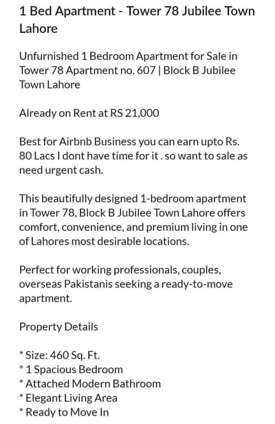 1 Bed Apartment Jubilee Town Lahore Block B
