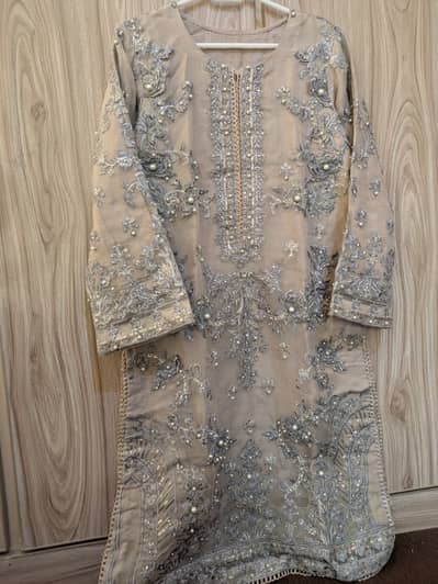 Three piece suit,organza kameez,rawsilk shalwar,net dupatta