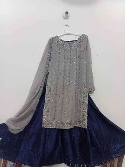 NNavy silk plazo with dabka kaam chiffon shirt dupatta | Small size