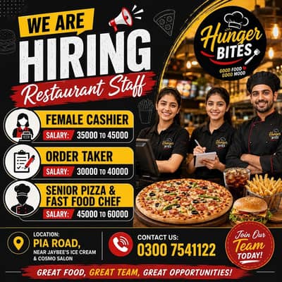 Female Cashier, Order Taker and Senior Pizza & Fast Food Chef Required