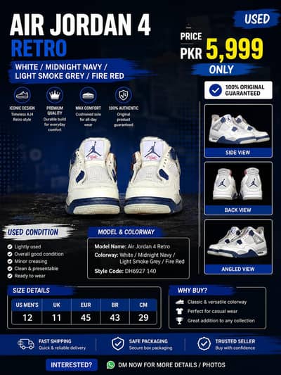 Air Jordan 4 Retro Military Blue (Used) – US 12 / EUR 45 – Original
