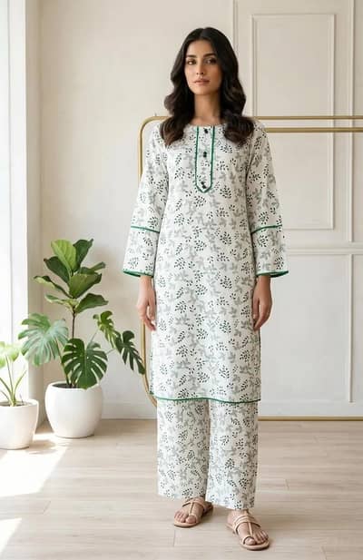 Pakistan printed lawn Suit White Green Long Sleeve