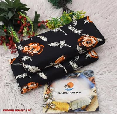Unstitched Printed Cotton Suit Black Orange Floral 2Pc