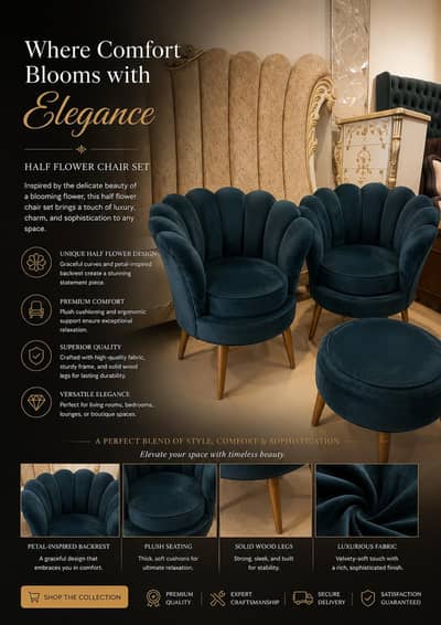 Half flower Velvet Accent Chair | Teal Blue Shell Armchair |