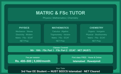 FSc Tutor Available | Physics, Math, Chemistry | NUST Student