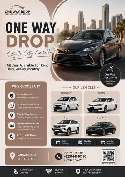 One Way Drop City To City. Mian Rent A Car Lahore.