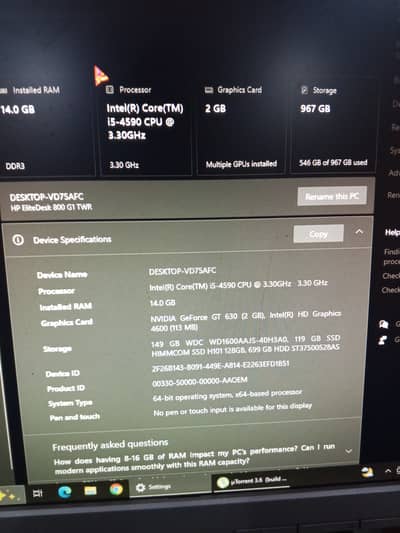 Hp Core I5 4th Generation  Elitedesk G1 Full tower