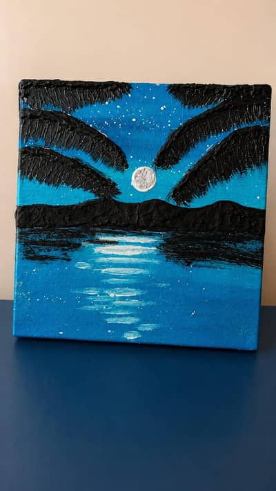 Handmade Moonlight Beach Painting | Acrylic Canvas Art | Home Decor