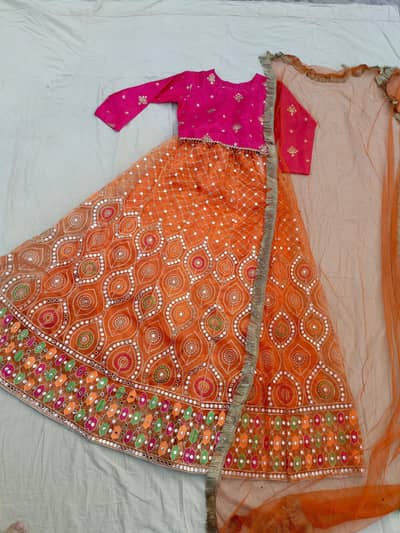 Orange & Pink Net Lehenga Choli with Dupatta – Fully Embellished