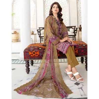 Premium 3 Pcs Unstitched Embroidered Lawn Suit Brown