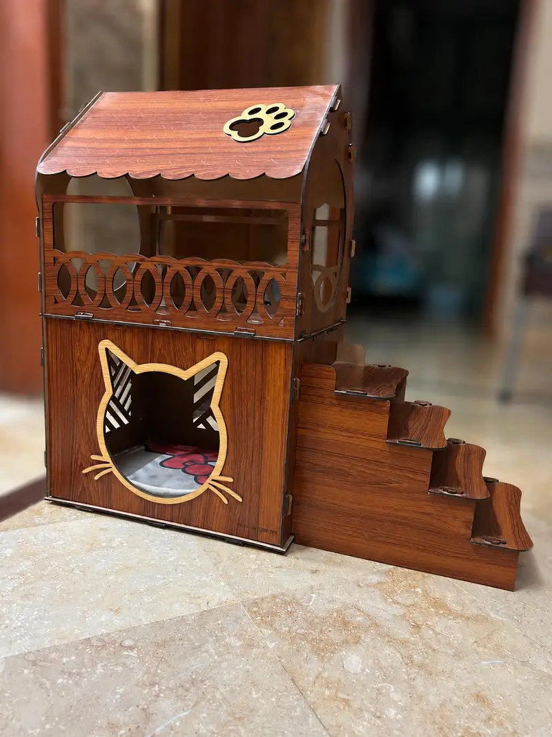 Luxury Wooden Cat House with Stairs 