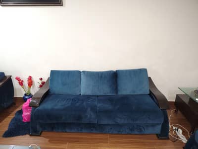 Blue Velvet Solid Wood 9 Seater Sofa Set
