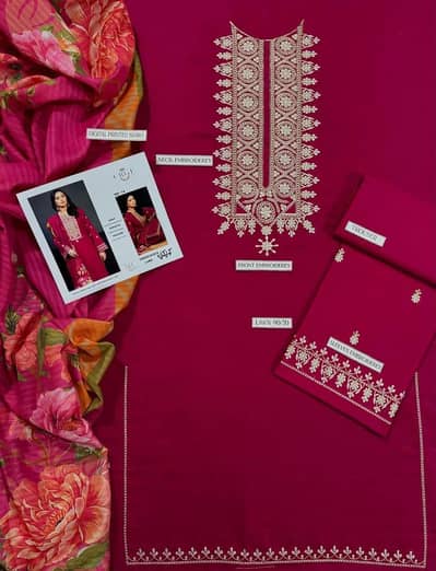 pink ambrider 03 piece lawn suit for women