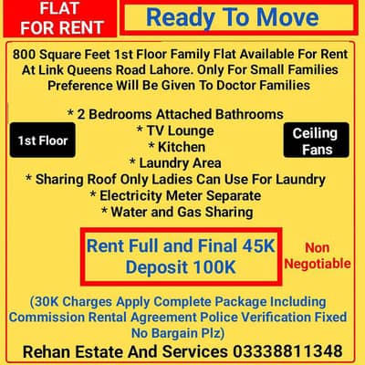 1st Floor Family Flat For Rent At Link Queens Road Lahore