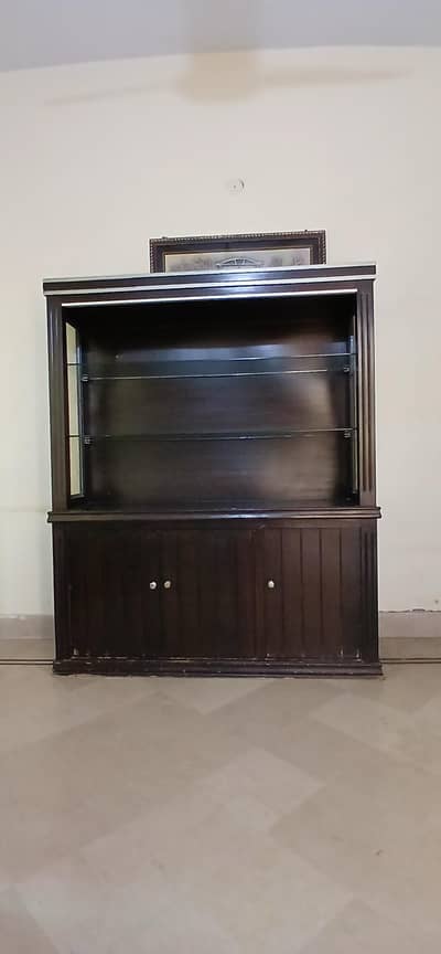 l. Large Wooden Showcase Cabinet with Glass Shelves