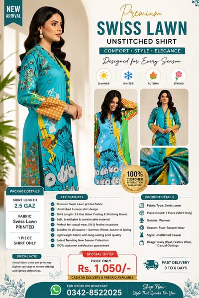 Premium Swiss Lawn Unstitched Printed Shirt for Women – Turquoise Flor
