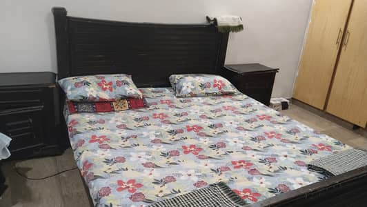 Bed with side table without mattress and showcase for sale