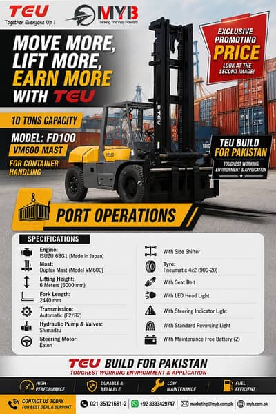 TEU 10 Ton Forklift FD100 | Isuzu Engine Container Handling For Sale