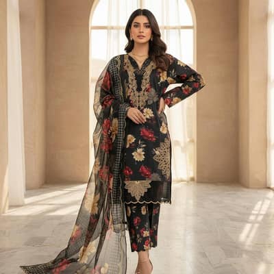 Black Floral 3-pcs Pakistani suit with chiffon Duppatta