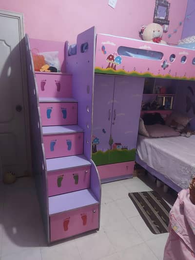Wooden Bunk Bed with cupboard, writing table and 2 bean bags